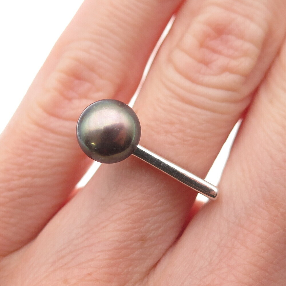 Shube 925 Sterling Silver Vintage Real Tahitian Pearl Modernist Ring Size 4.75 - Picture 1 of 9